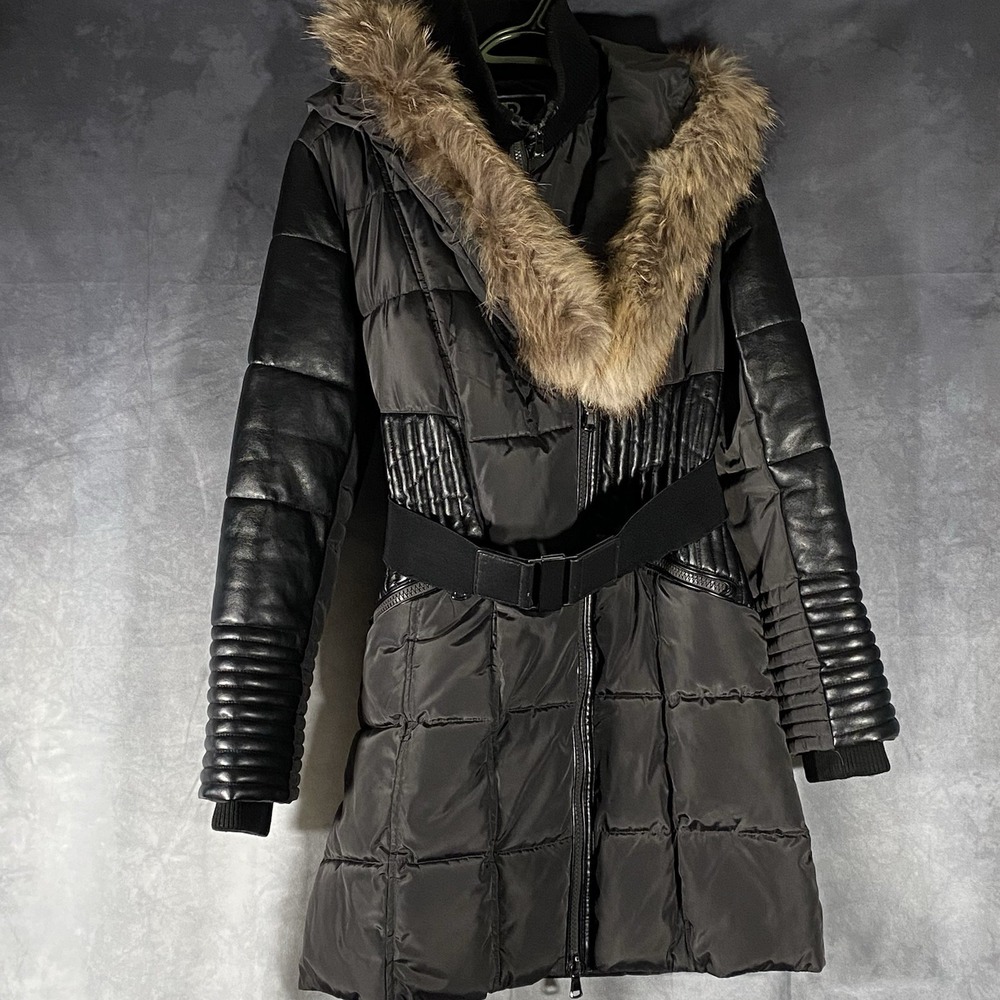 Nic & Fion Black Puffer Winter Jacket Belted Coat Size Medium Fur Trim Hood